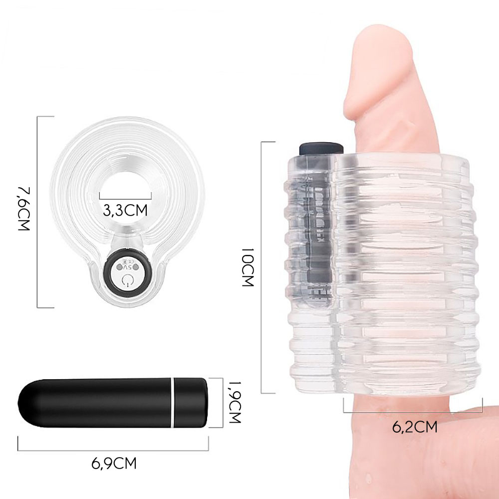 Capa Peniana Vazada Transparente com Textura e 9 Modos de Vibra��o Recarreg�vel - vista do bot�o de controle de vibra��o e porta USB