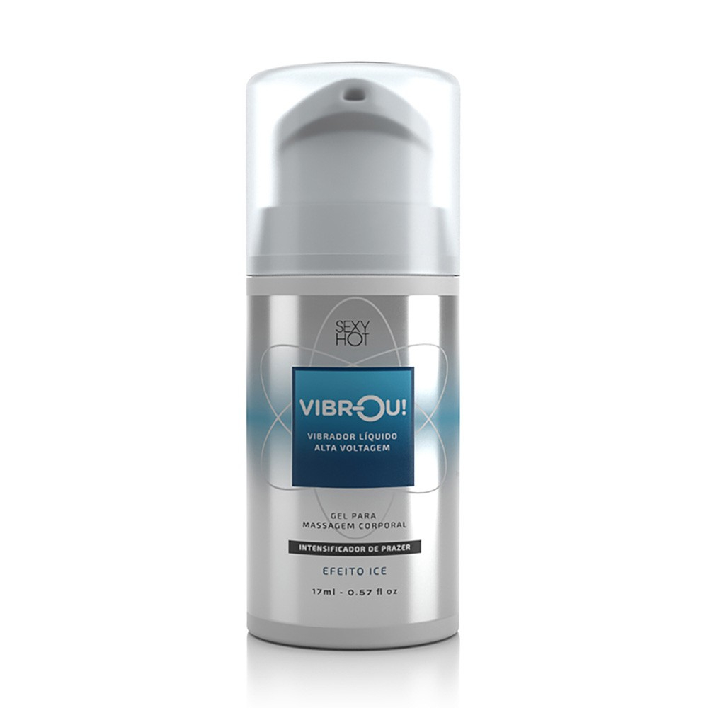Vibrador L�quido de Alta Voltagem Efeito Ice Vibrou! 17ml: frasco cinza e azul em close-up, exibindo o logo e informa��es do produto.