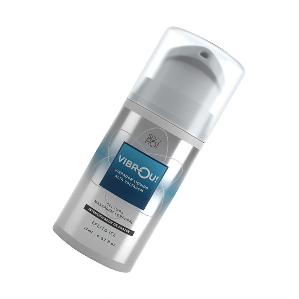 Vibrador L�quido de Alta Voltagem Efeito Ice Vibrou! 17ml: frasco cinza e azul em �ngulo diagonal, mostrando a tampa transparente e o aplicador.