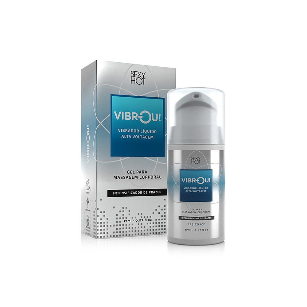 Vibrador L�quido de Alta Voltagem Efeito Ice Vibrou! 17ml: frasco e caixa do produto dispostos em �ngulo, com o frasco inclinado em primeiro plano, ressaltando o conjunto completo.