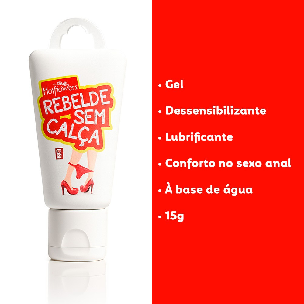 Frasco do Gel Rebelde Sem Cal�a 15ml e lista de benef�cios: Gel, Dessensibilizante, Lubrificante, Conforto no sexo anal, � base de �gua, 15g