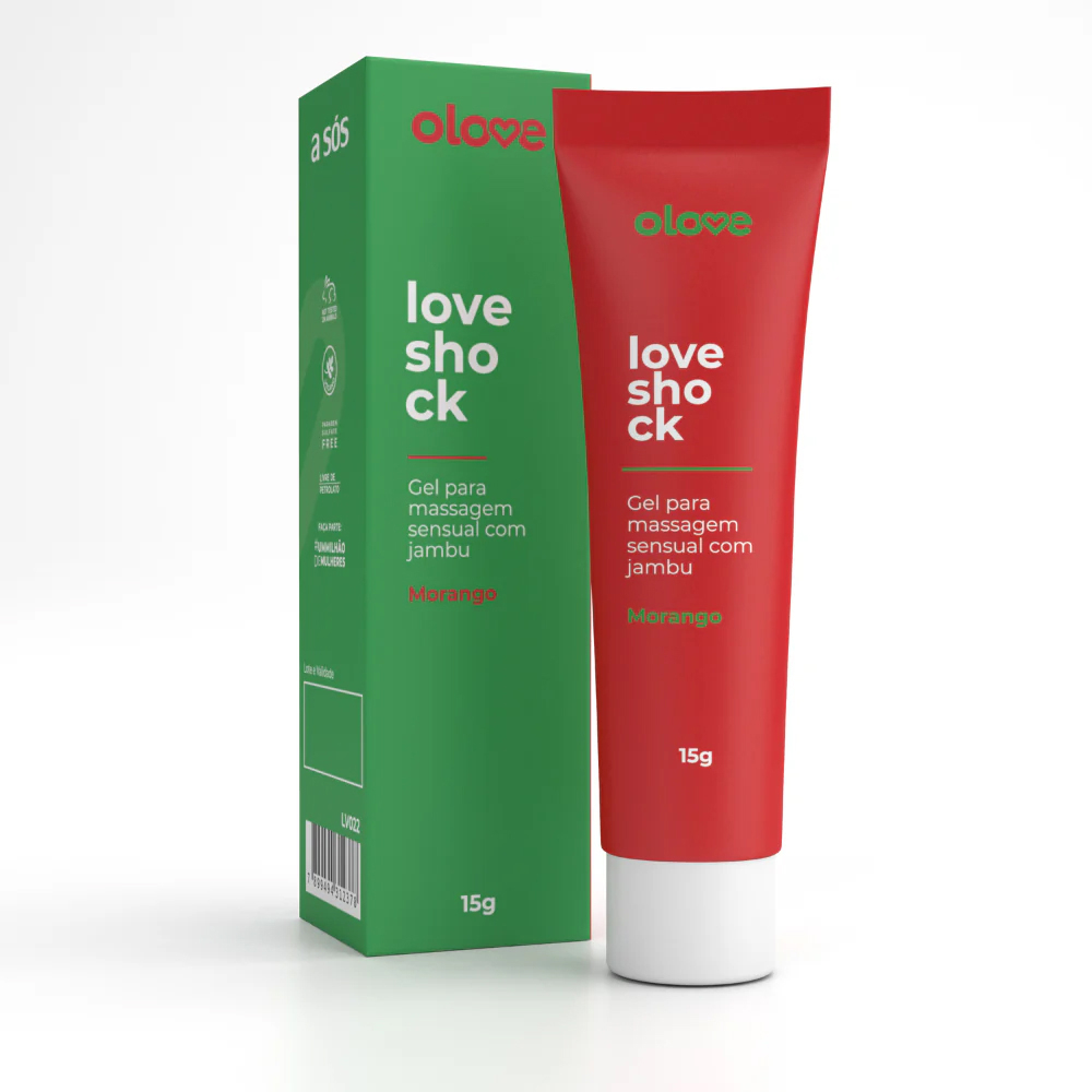Vibrador L�quido Loveshock Beij�vel Morango Olove, tubo vermelho e sua caixa verde, em fundo branco