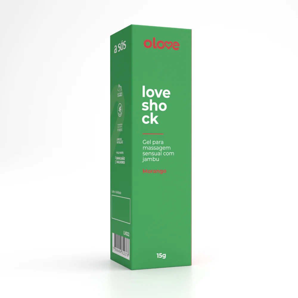 Vibrador L�quido Loveshock Beij�vel Morango Olove, caixa verde fechada com detalhes da marca, em fundo branco
