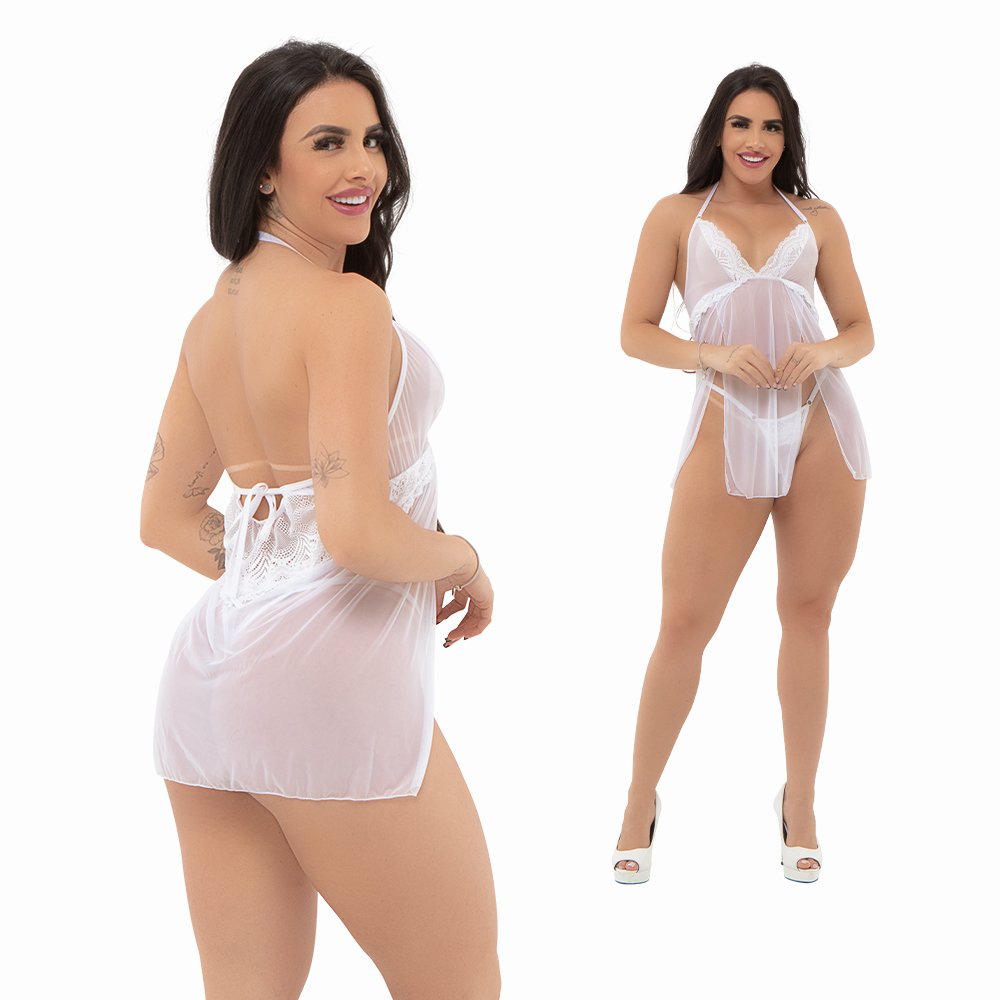 Camisola Sensual Sexy em Tule e Renda com Calcinha String Virg�nia Branca em vista traseira e frontal, evidenciando os detalhes de renda e a transpar�ncia do tule.