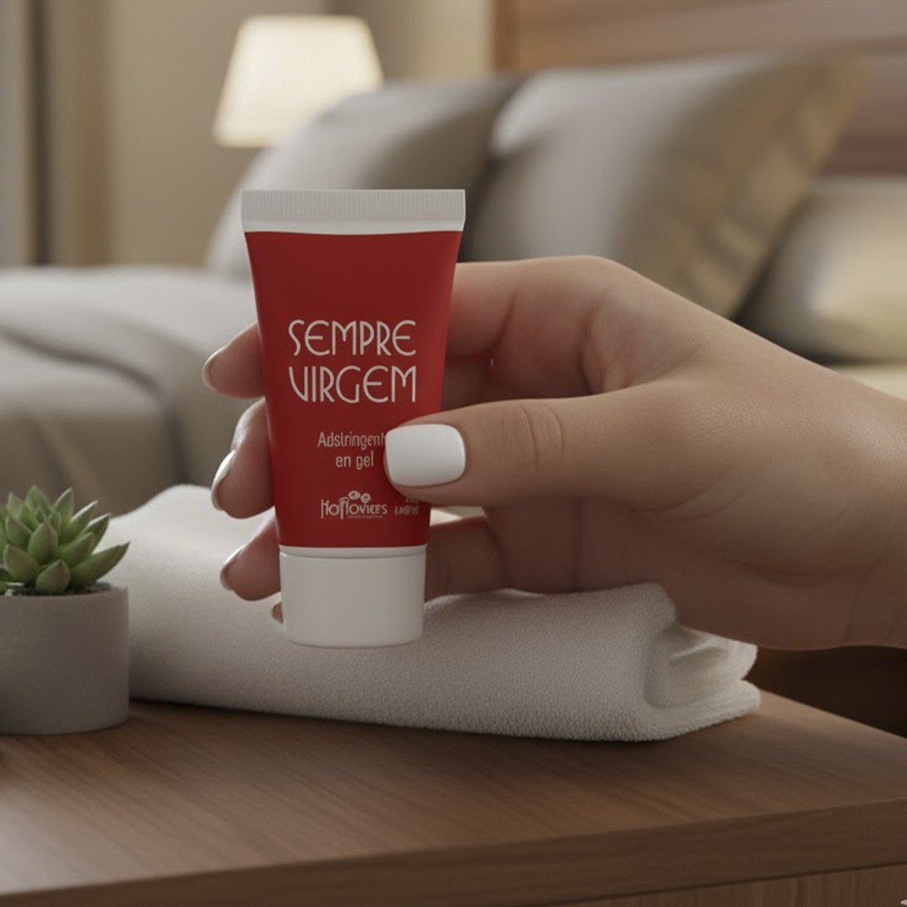 M�o de mulher segurando o Gel Adstringente Sempre Virgem 25g em um ambiente de quarto, ilustrando a discri��o e praticidade do produto.