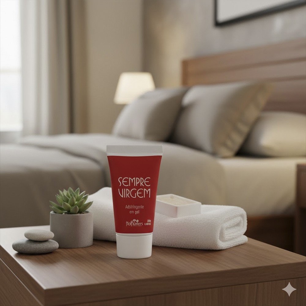 Gel Adstringente Sempre Virgem 25g em uma mesa de cabeceira em um quarto, demonstrando que � um produto para intensificar momentos �ntimos.