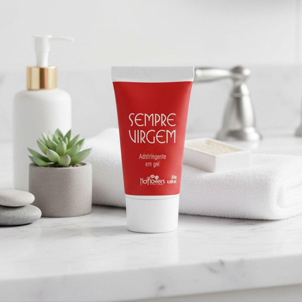Gel Adstringente Sempre Virgem 25g em uma superf�cie lisa, com luz suave, ressaltando o design minimalista da embalagem.