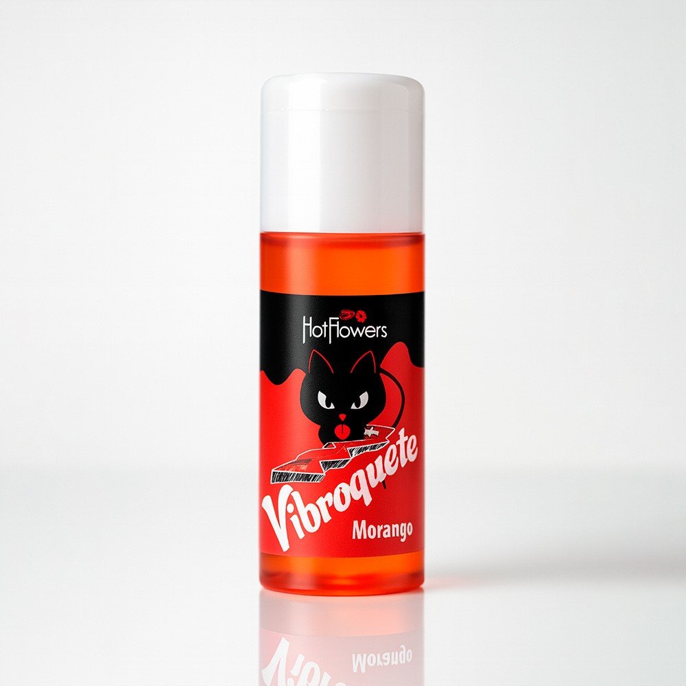 Vibrador L�quido Vibroquete Morango 12ml da Hot Flowers, com frasco em destaque, refletindo o l�quido vibrat�rio e a imagem do gato preto com nome do produto