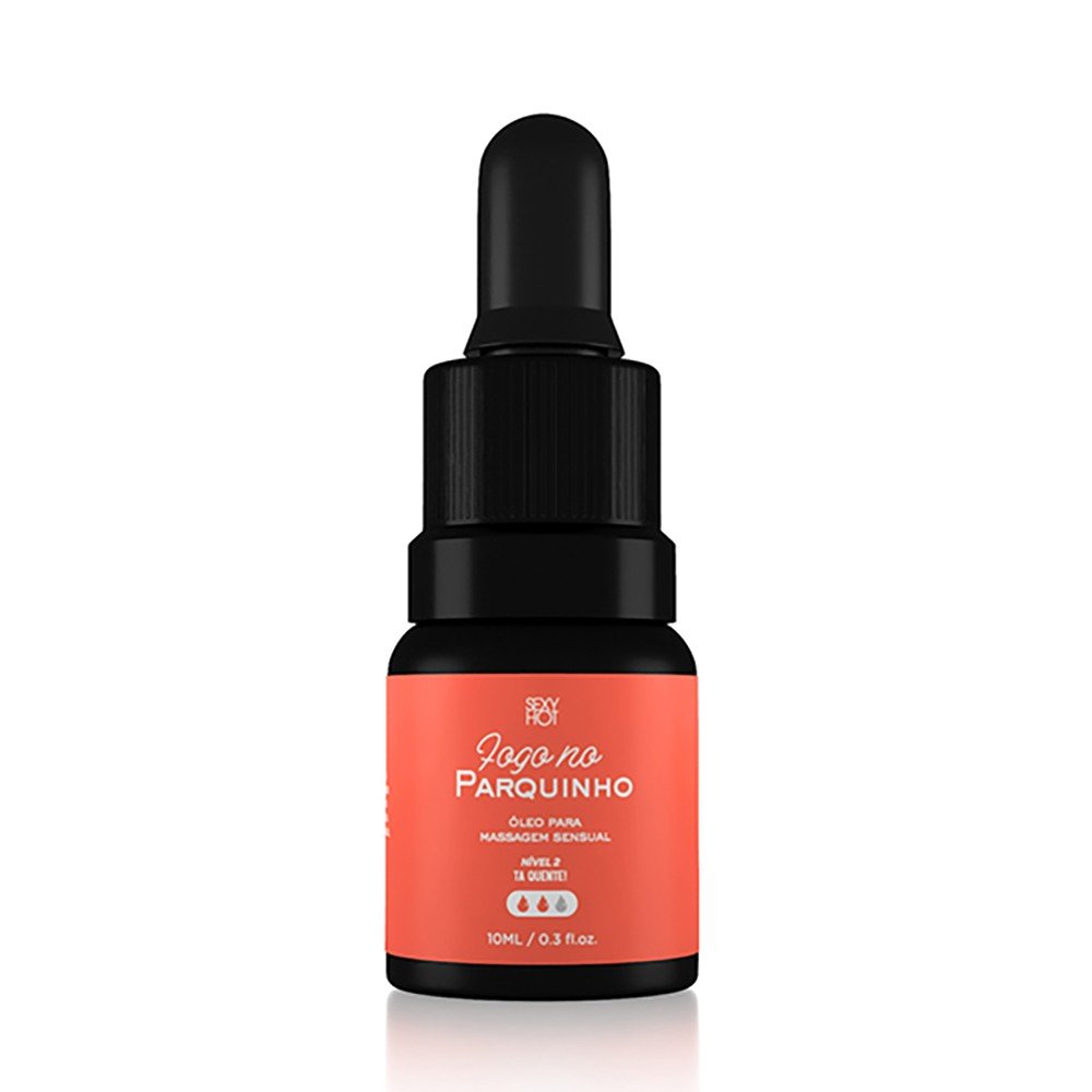 Frasco individual do �leo Fogo no Parquinho N�vel 2 - T� Quente!, com r�tulo vermelho e detalhes em laranja indicando calor moderado