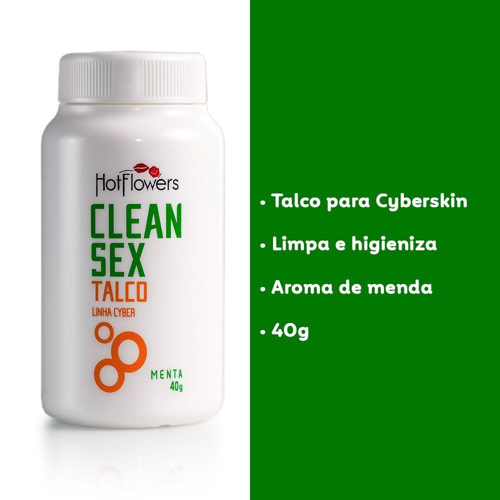 talco para limpeza de cyberskin clean sex aroma menta 40g ao lado de um texto explicativo dos benef�cios do produto
