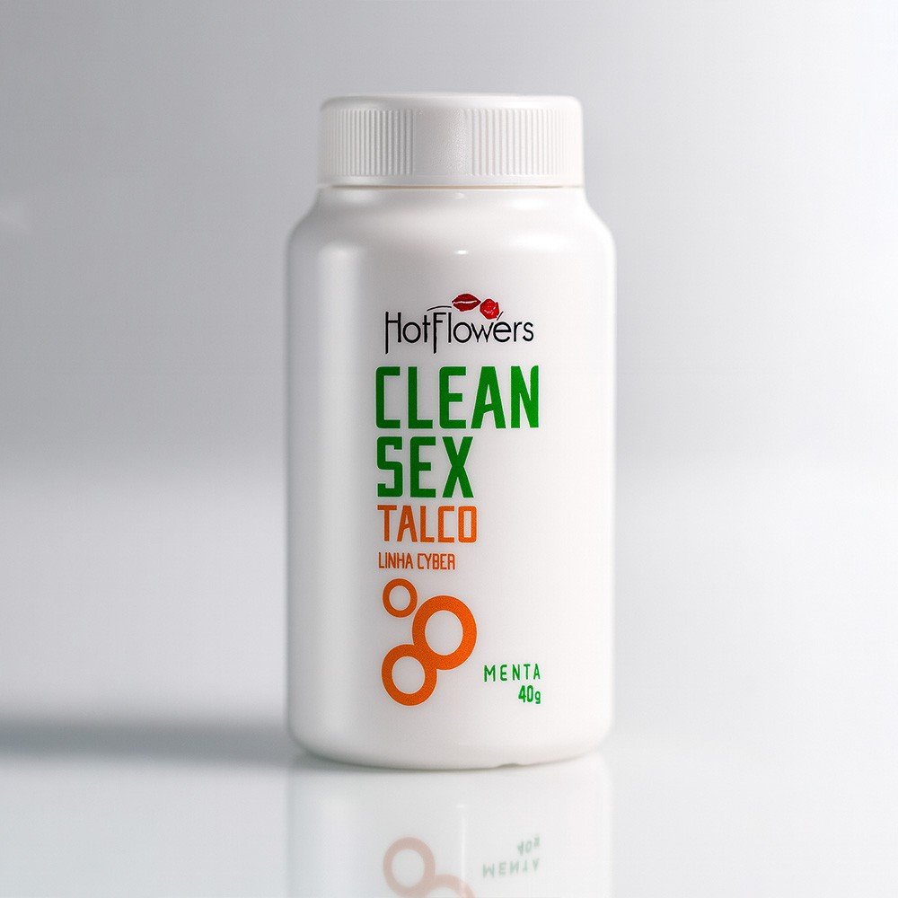 talco para limpeza de cyberskin clean sex aroma menta 40g em ambiente studio com reflexo e ilumina��o suave