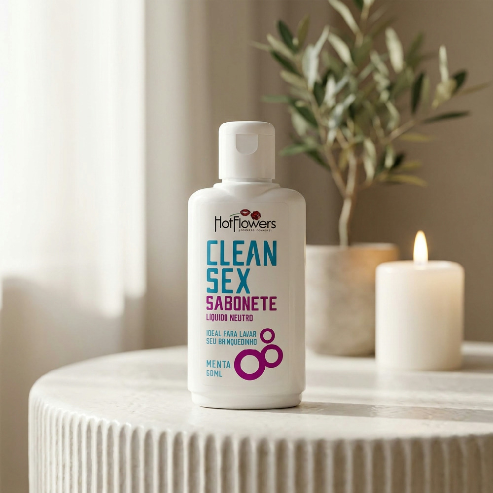 Higienizador de Brinquedos Clean Sex Menta 60ml sobre uma mesa ao lado de uma vela e planta, em ambiente decorado