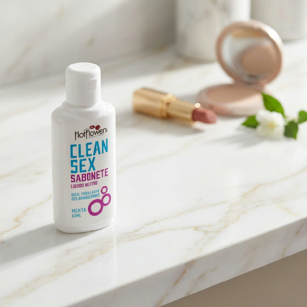 Higienizador de Brinquedos Clean Sex Menta 60ml em um balc�o de m�rmore, com maquiagem desfocada ao fundo