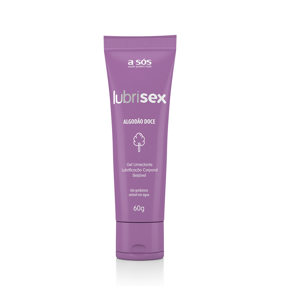 Tubo do Lubrificante Beij�vel Lubrisex Algod�o Doce 60g em destaque, cor roxa e informa��es de gel umectante