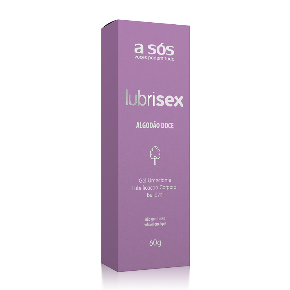 Caixa do Lubrificante Beij�vel Lubrisex Algod�o Doce 60g, embalagem roxa com design 'a s�s' e 'lubrisex algod�o doce'