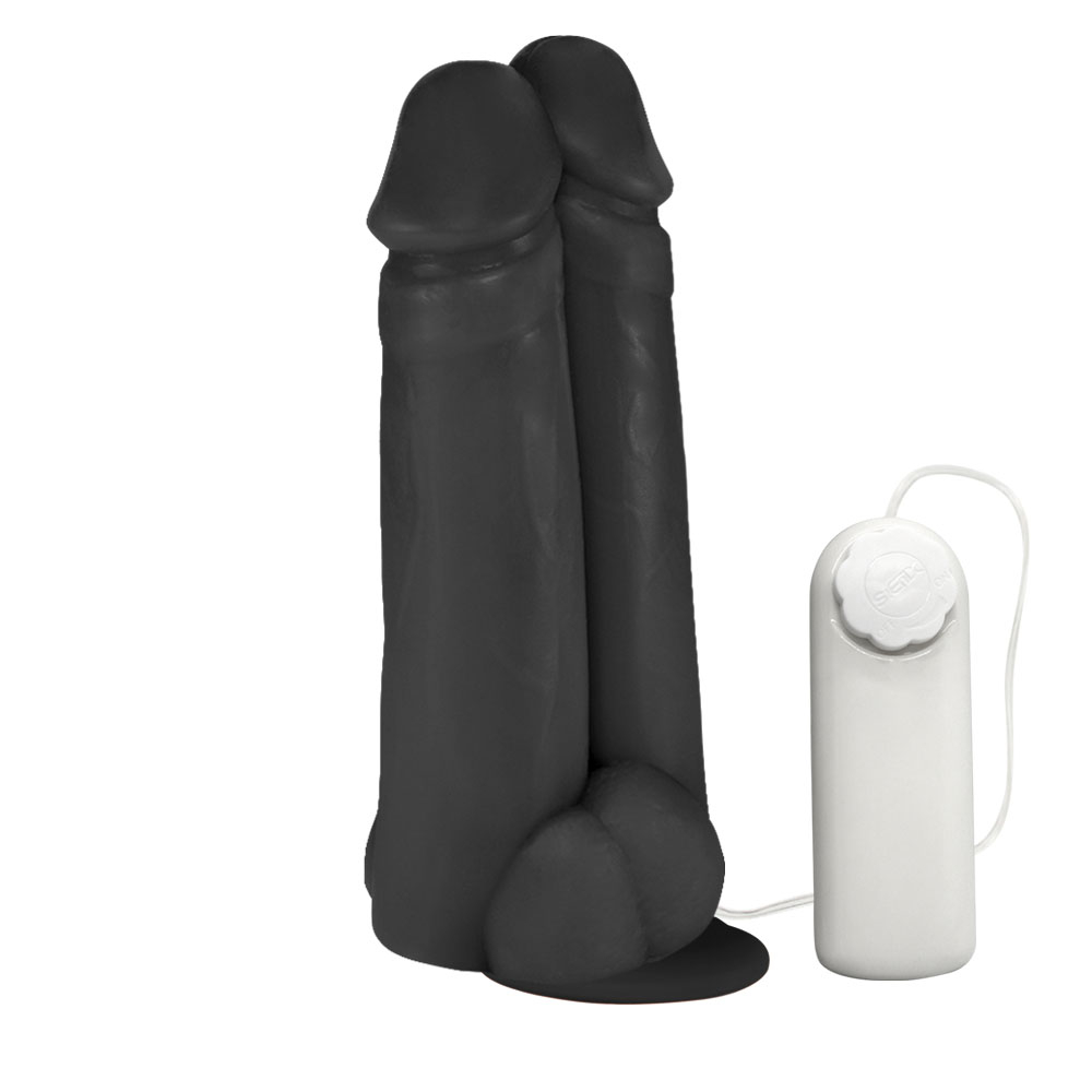 P�nis Real�stico Flex�vel Duplo Amigos com Vibrador e Ventosa 18 x 6cm Preto | Foto 02