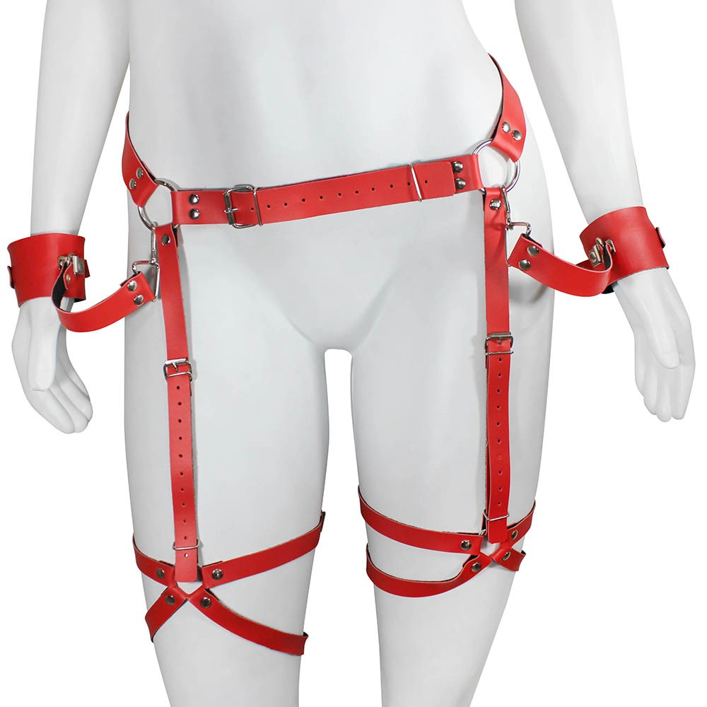 Harness Arreio em PU (Imitação de Couro) de Coxa e Cintura Ajustável com Algemas Vermelho | Foto 01