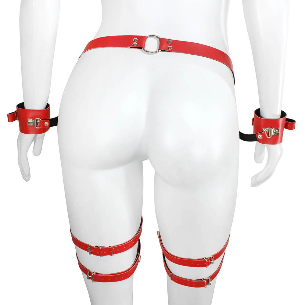 Harness Arreio em PU (Imitação de Couro) de Coxa e Cintura Ajustável com Algemas Vermelho | Foto 02