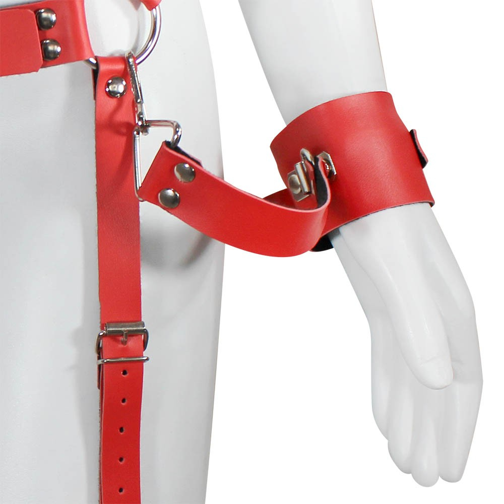 Harness Arreio em PU (Imitação de Couro) de Coxa e Cintura Ajustável com Algemas Vermelho | Foto 04