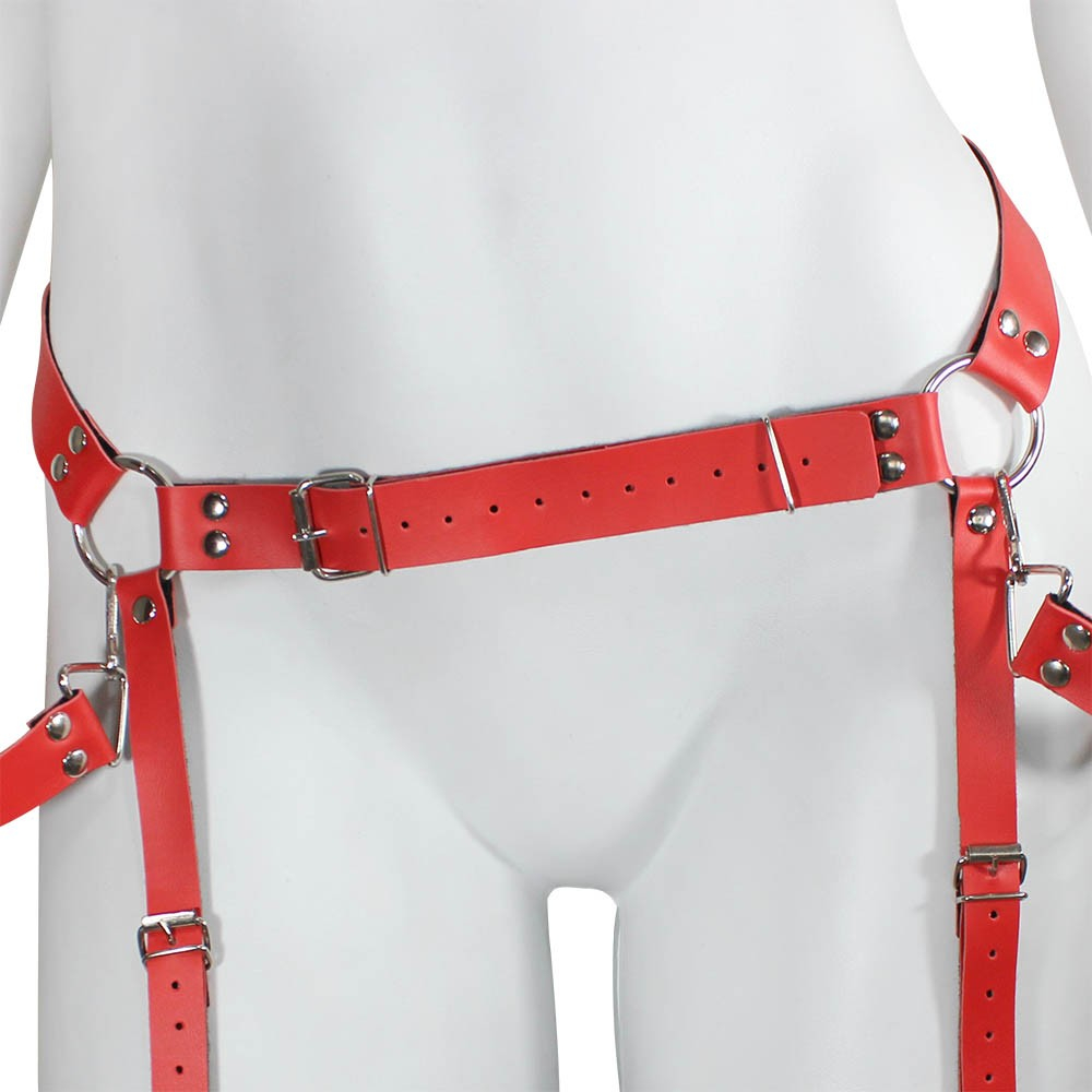 Harness Arreio em PU (Imitação de Couro) de Coxa e Cintura Ajustável com Algemas Vermelho | Foto 05