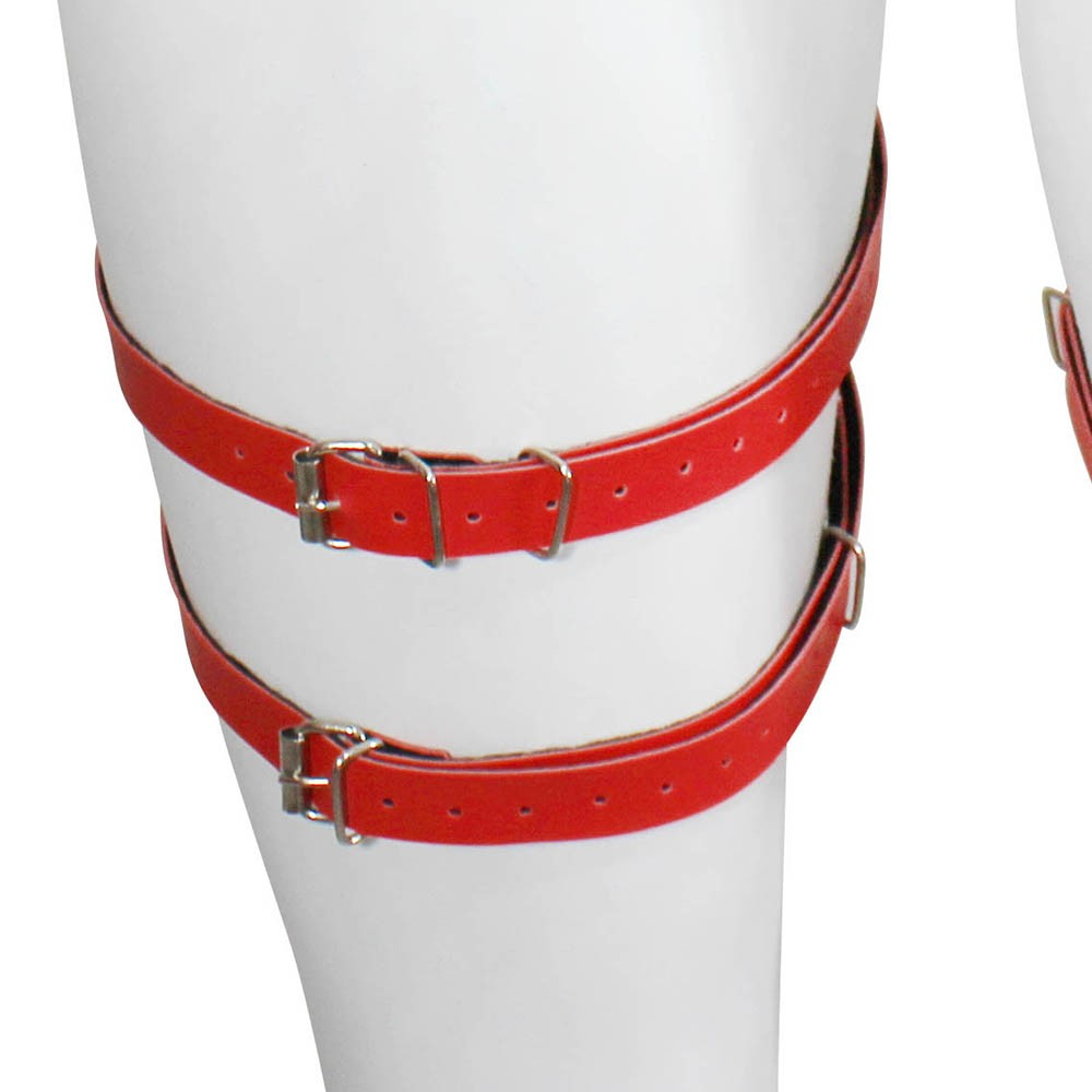 Harness Arreio em PU (Imitação de Couro) de Coxa e Cintura Ajustável com Algemas Vermelho | Foto 06