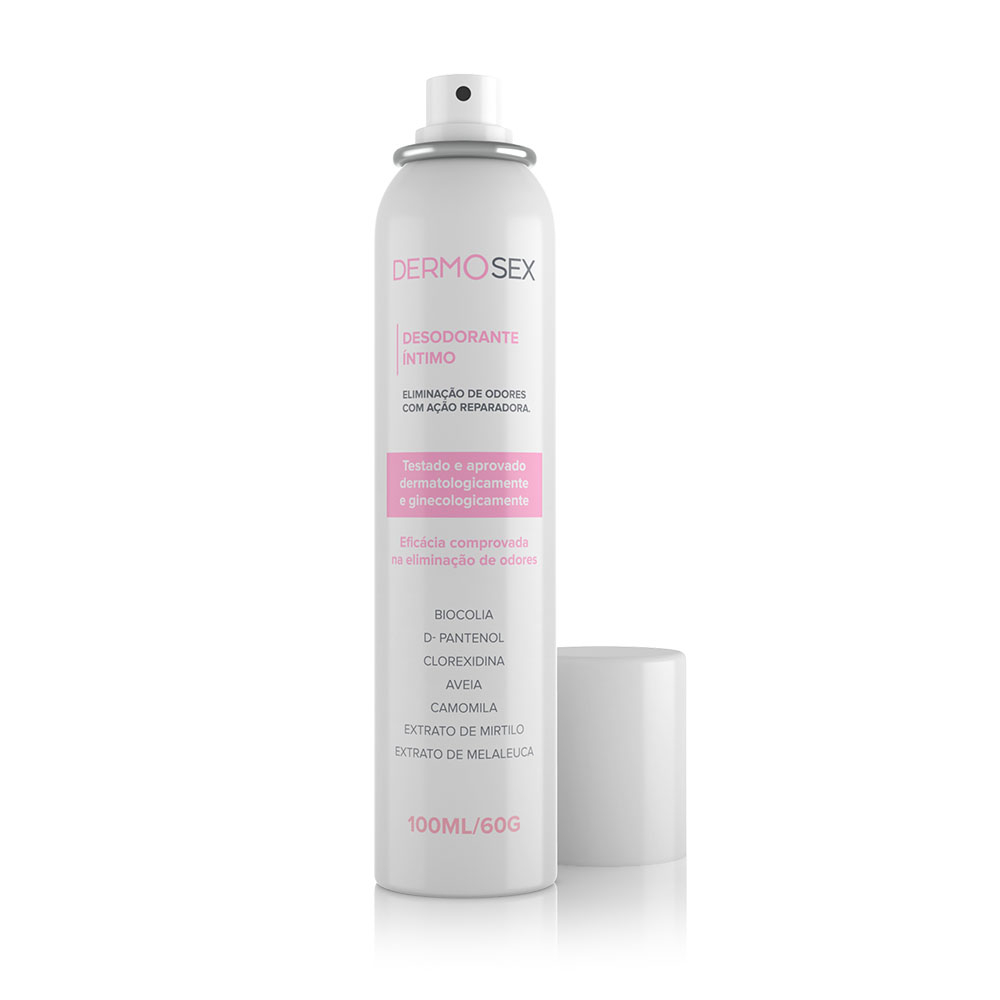 Desodorante �ntimo Dermosex com a tampa removida, mostrando o bico aplicador spray, em vista lateral