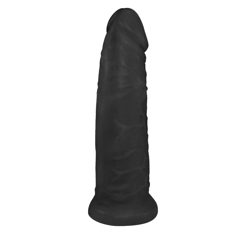 P�nis Maci�o Tortinho em PVC Flex�vel At�xico para Cinta, na cor preta, vista lateral com curvas acentuadas
