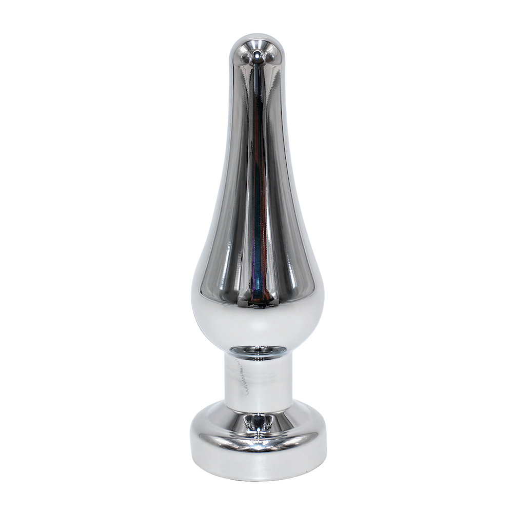plug anal joia em a�o inox com cristal roxo de frente real�ando o brilho espelhado do metal e a beleza do cristal