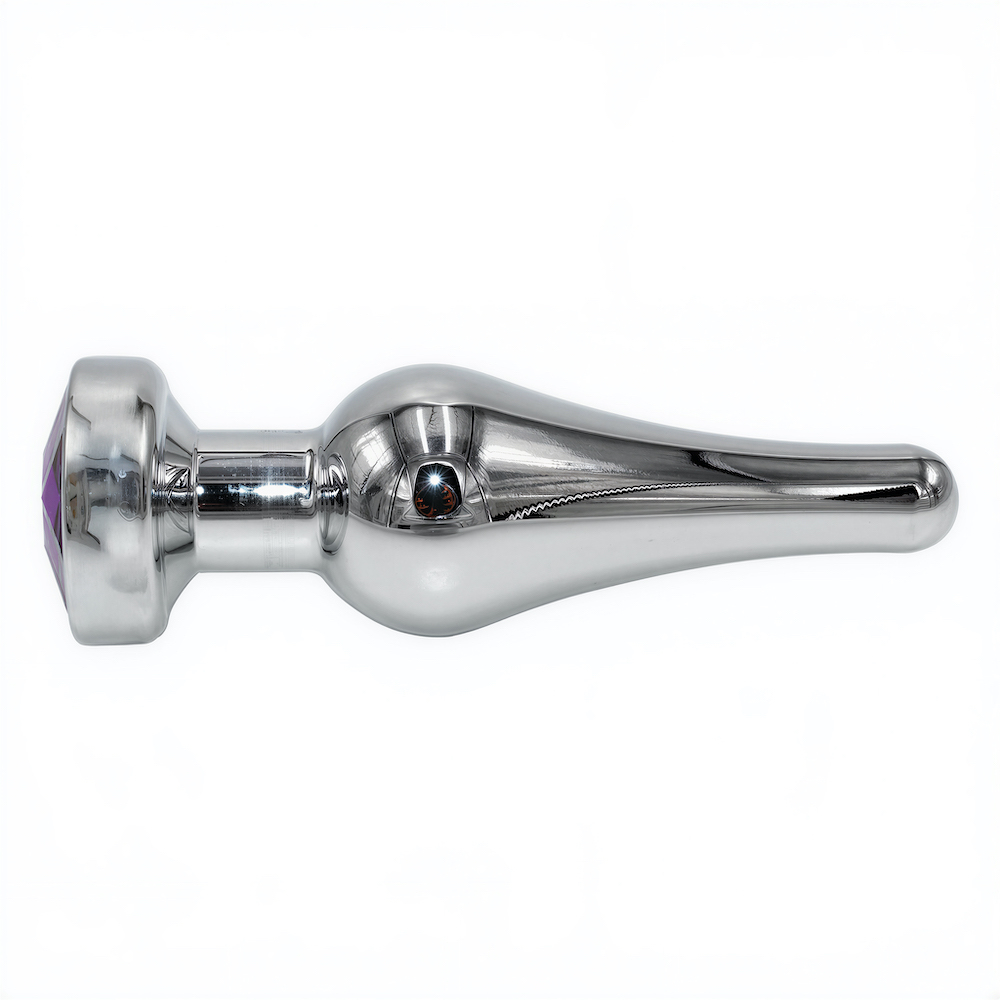 vista diagonal superior do plug anal joia em a�o inox com cristal roxo mostrando dimens�es e design anat�mico