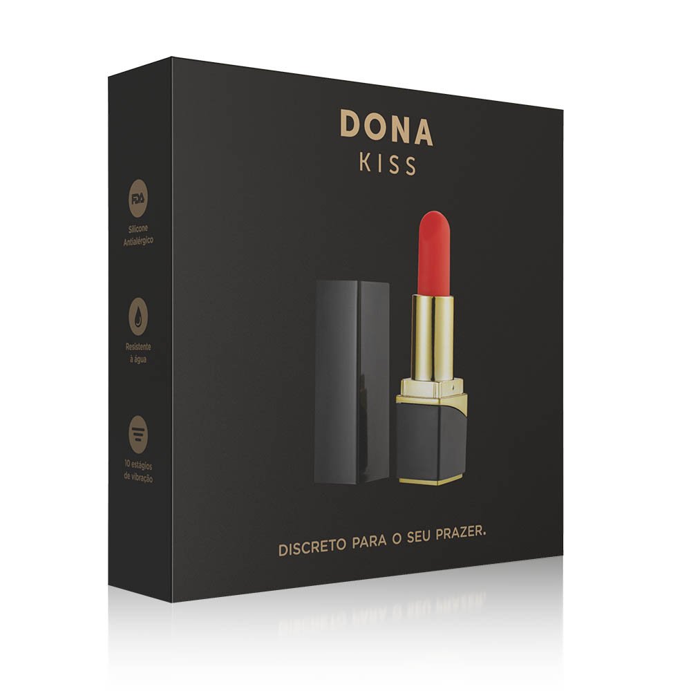 O vibrador de batom Dona Kiss aberto, revelando a ponta de silicone vermelha, pronto para uso
