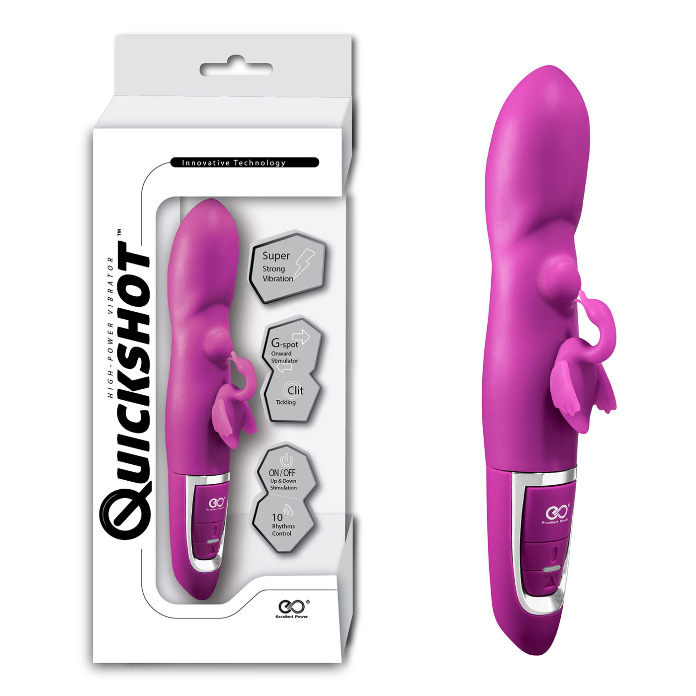 Vibrador Cisne Pink, � prova d'�gua, exibido com sua embalagem, mostrando suas principais caracter�sticas e funcionalidades.