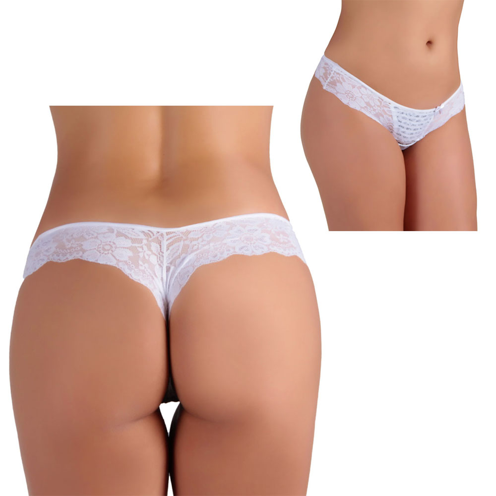 Calcinha Tanga Sexy Fio Bia Branca, vista traseira que mostra o design fio dental e a renda floral em destaque