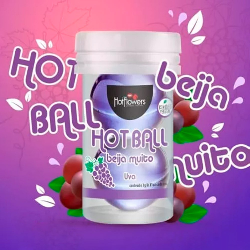 Bolinha de �leo Corporal Hot Ball Aroma Uva da Hot Flowers Cosm�tico, com o r�tulo em roxo e fundo com tema de uvas e respingos.