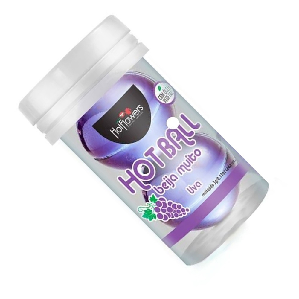Bolinha de �leo Corporal Hot Ball Aroma Uva em fundo roxo com uvas e p�talas flutuantes, destacando o r�tulo.