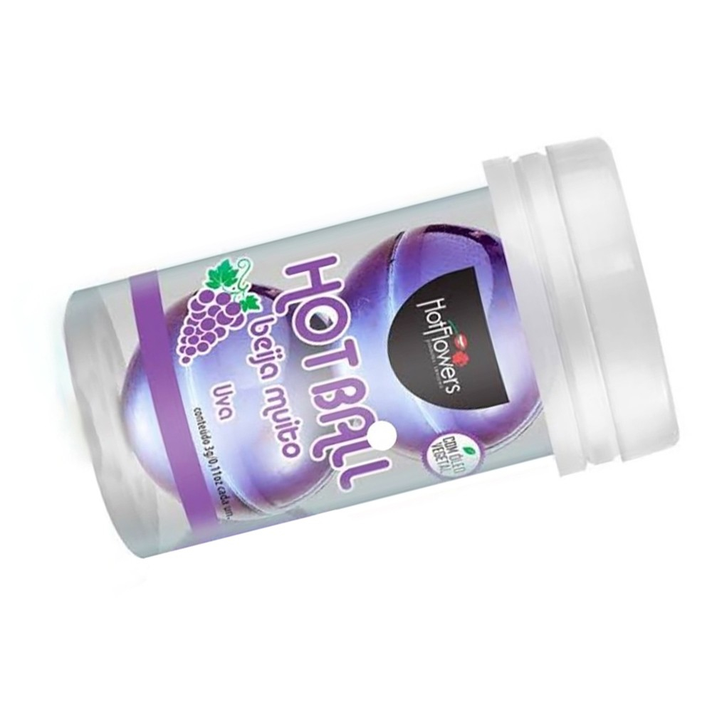 Bolinha de �leo Corporal Hot Ball Aroma Uva em embalagem transparente com r�tulo em roxo, sobre um fundo branco.