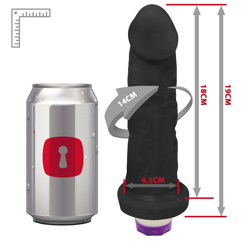 p�nis real�stico vibrador preto em composi��o completa destacando tamanho, propor��o e design do acess�rio �ntimo