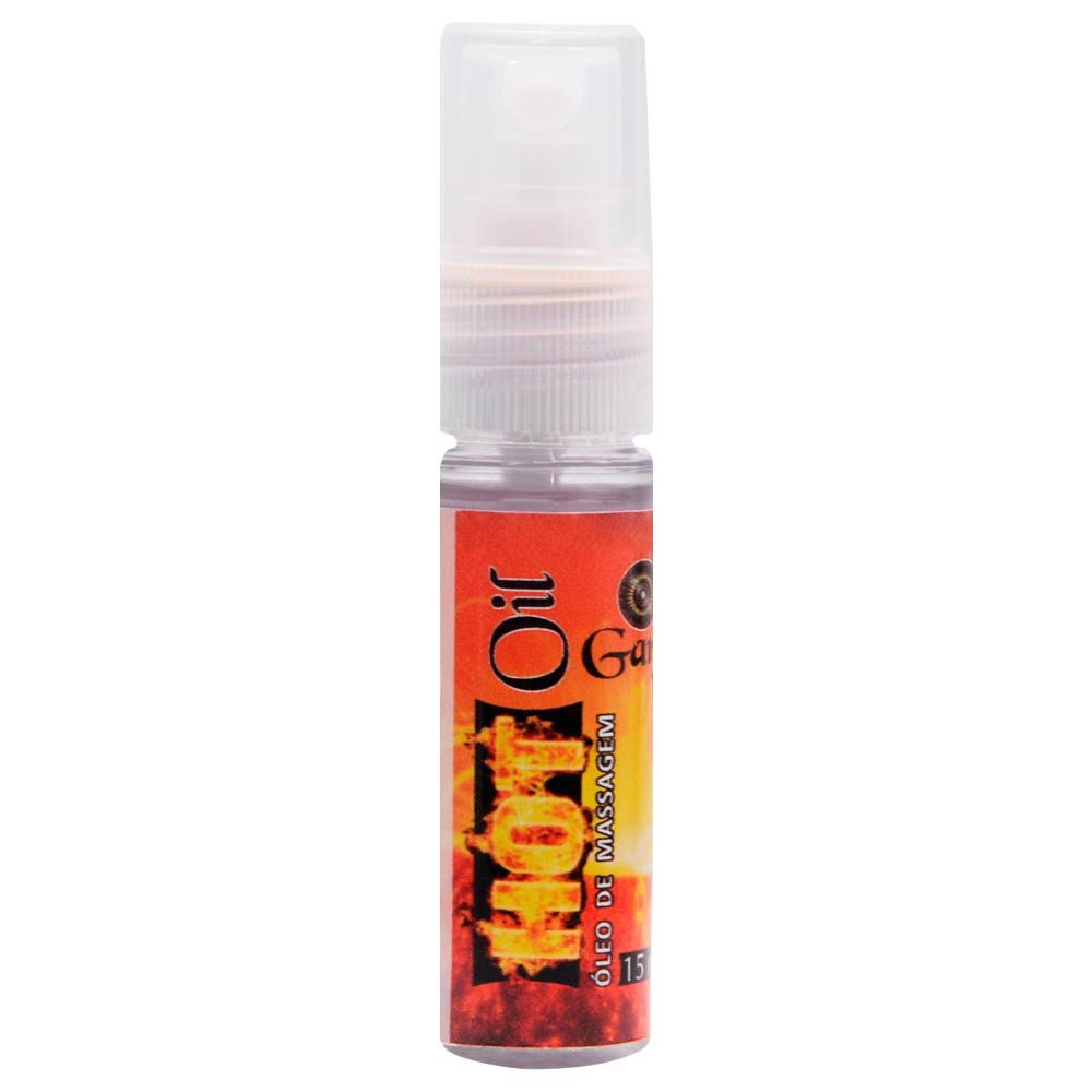 Hot Oil �leo de Massagem com Aquecimento Spray 15ml, vista frontal do frasco mostrando r�tulo e volume de 15ml