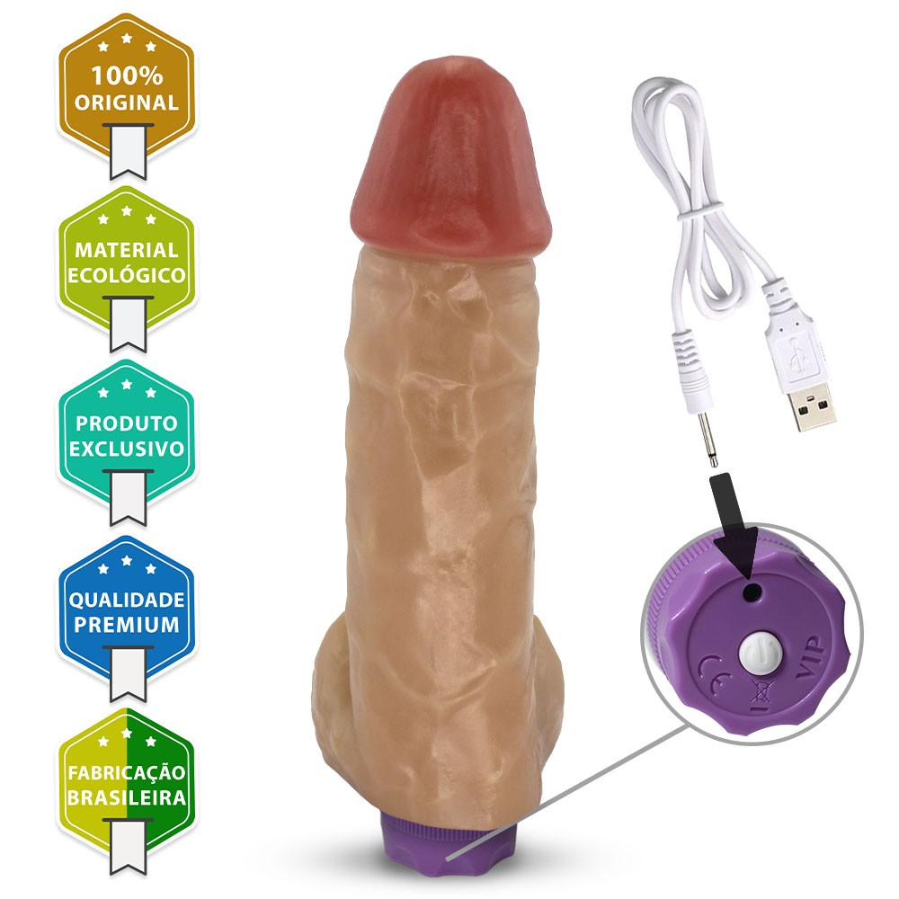 P�nis Real�stico com Vibrador e Vibrador Recarreg�vel USB CRONO 20 x 5cm, com selos de certifica��o: 100% Original, Material Ecol�gico, Produto Exclusivo, Qualidade Premium, Fabrica��o Brasileira, e detalhe do cabo USB para recarga