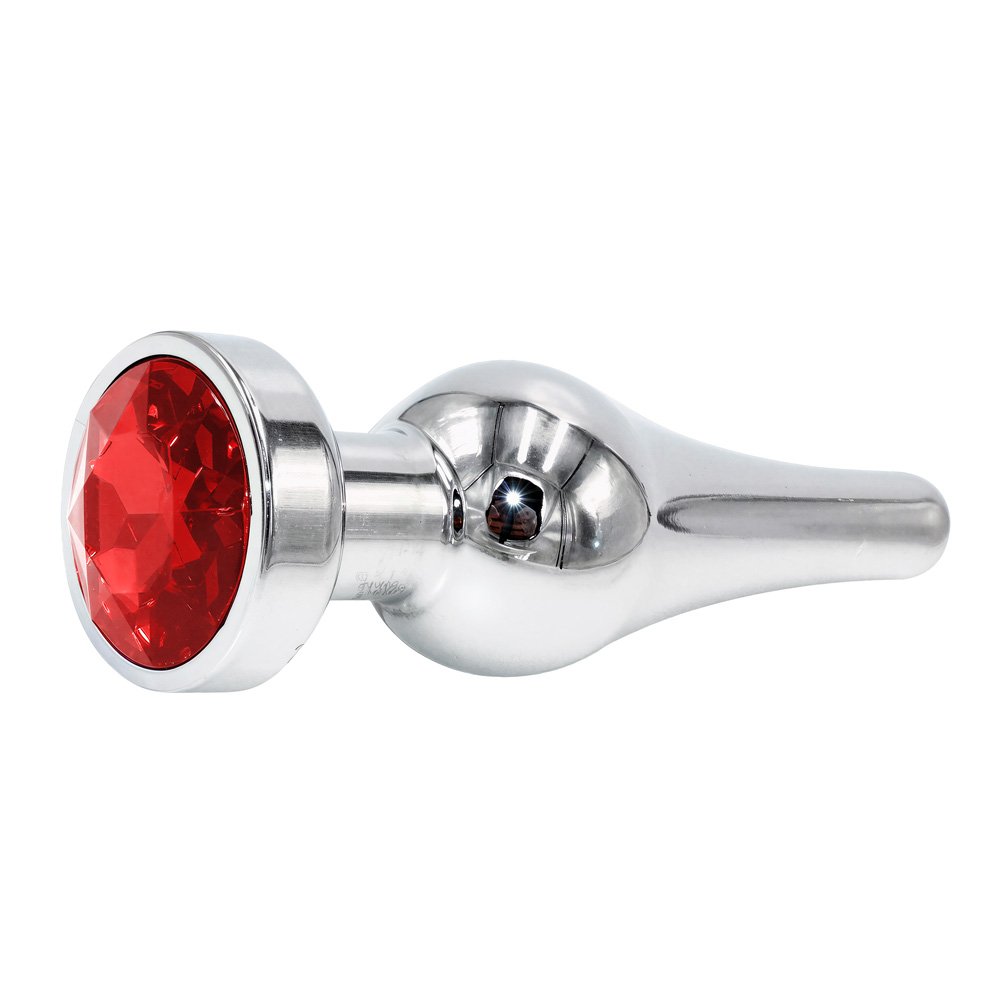 vista lateral do plug anal joia em a�o inox com cristal vermelho evidenciando formato c�nico anat�mico e propor��o equilibrada