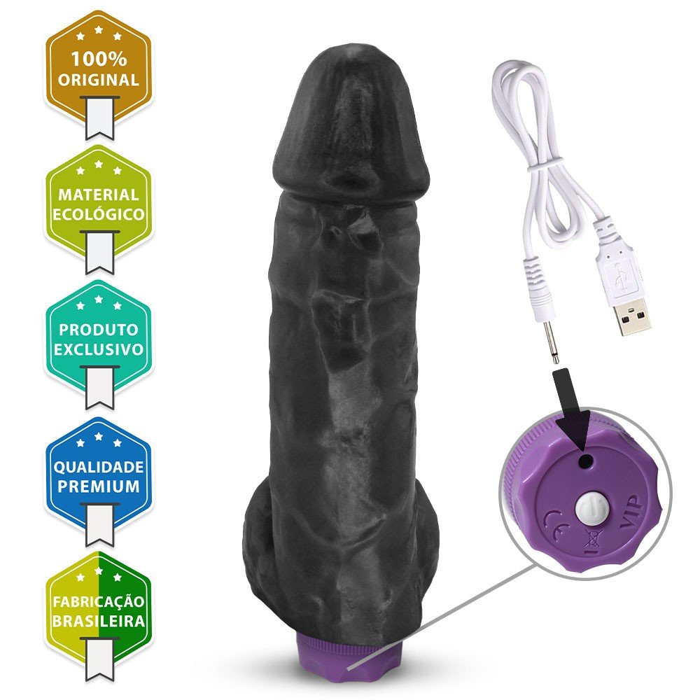P�nis Real�stico com Vibrador 10 Modos Recarreg�vel via USB CRONO 20 x 5cm Preto com detalhes de certifica��es e cabos USB, ressaltando os modos de vibra��o e carregamento