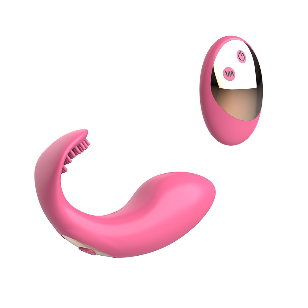Vibrador Duplo Luna Pink em vista posterior, ressaltando o formato anat�mico e o controle remoto ao lado, em fundo branco.