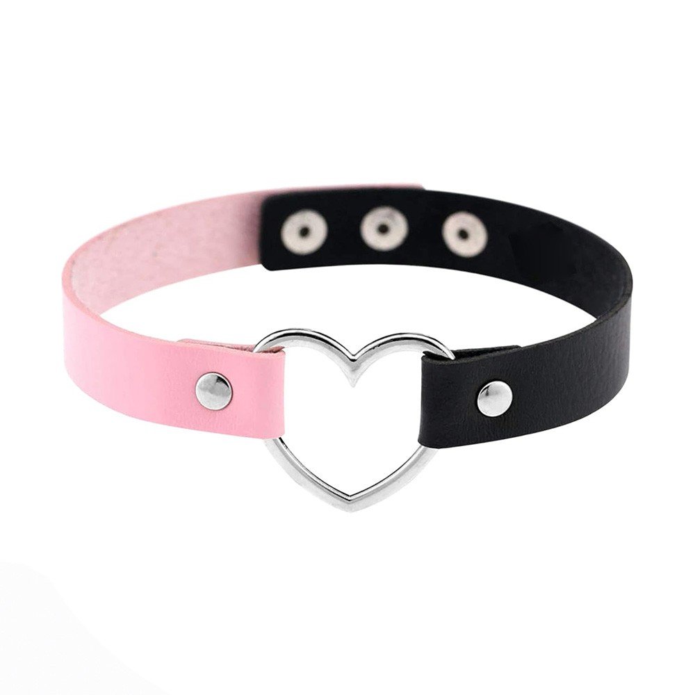 Coleira Social Choker em PU com Coração Prata e Ajuste em Botões Preta e Rosa | Foto 02
