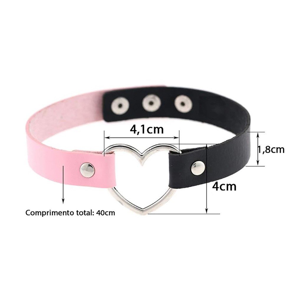 Coleira Social Choker em PU com Coração Prata e Ajuste em Botões Preta e Rosa | Foto 06