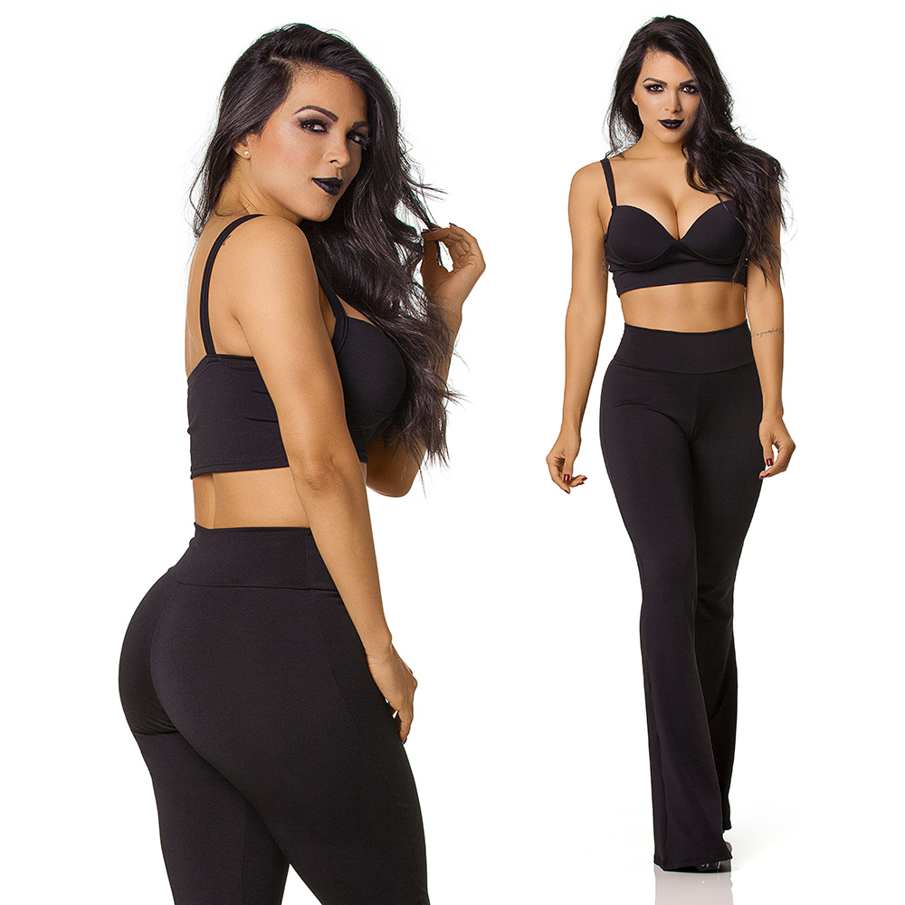 Conjunto Sensual Sexy em Suplex Poliamida com Bojo Cal�a Flare Preto | Modelo em pose frontal e lateral traseira, evidenciando o caimento da cal�a