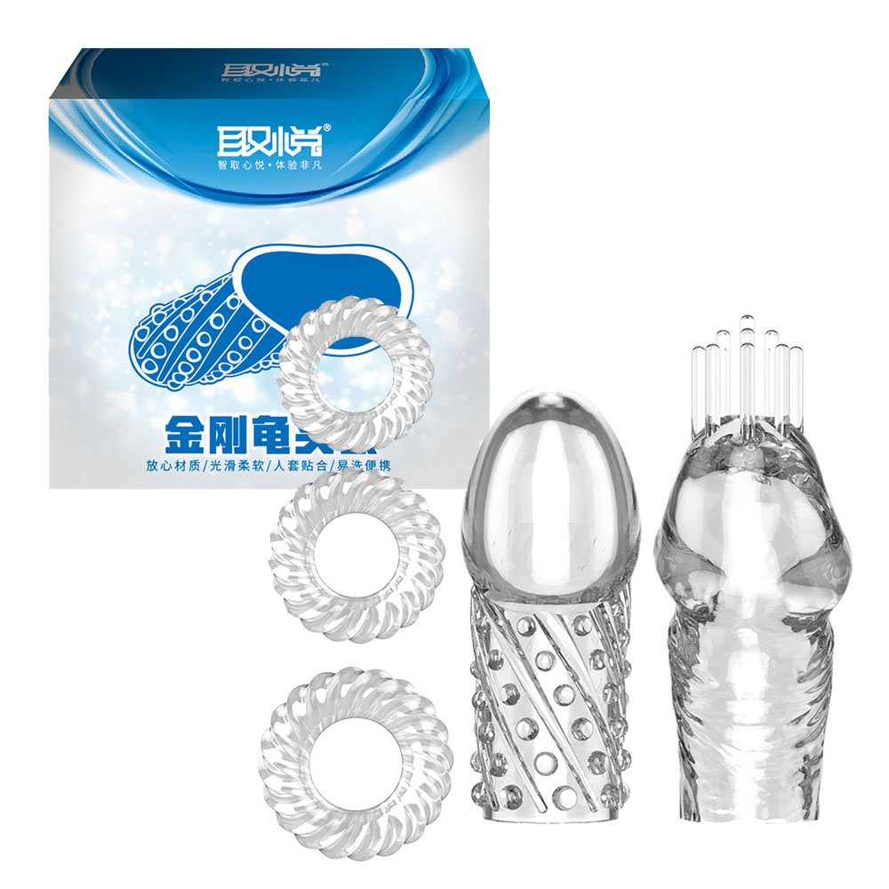Kit com 2 Cabeças Extensoras Peniana e 3 Anéis em Silicone Transparente | Foto 01 Kit com 2 Cabeças Extensoras Peniana e 3 Anéis em Silicone Transparente | Foto 01