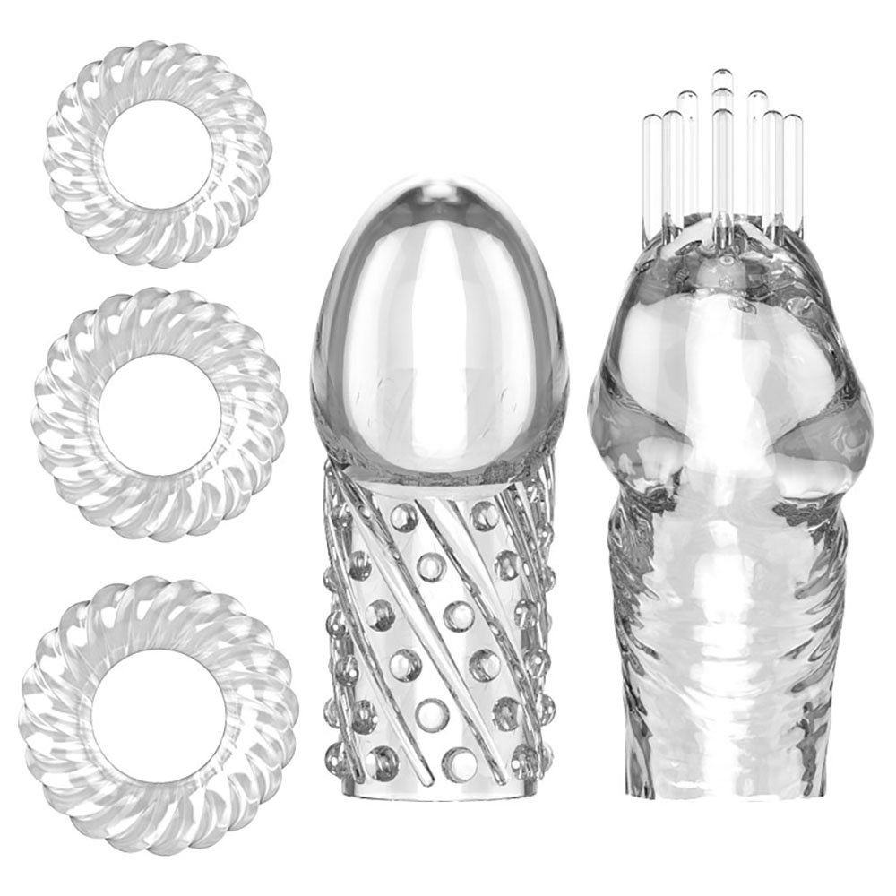 Kit com 2 Cabeças Extensoras Peniana e 3 Anéis em Silicone Transparente | Foto 02 Kit com 2 Cabeças Extensoras Peniana e 3 Anéis em Silicone Transparente | Foto 02