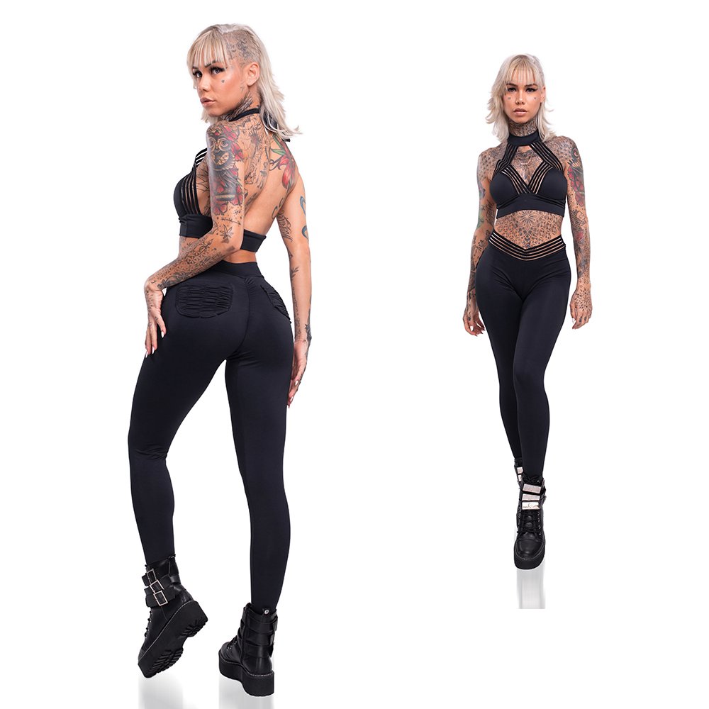 Conjunto Sensual Sexy em Suplex Poliamida - Cal�a Levanta Bumbum e Cropped Frente �nica Preto - Modelo posando, destaque na cal�a