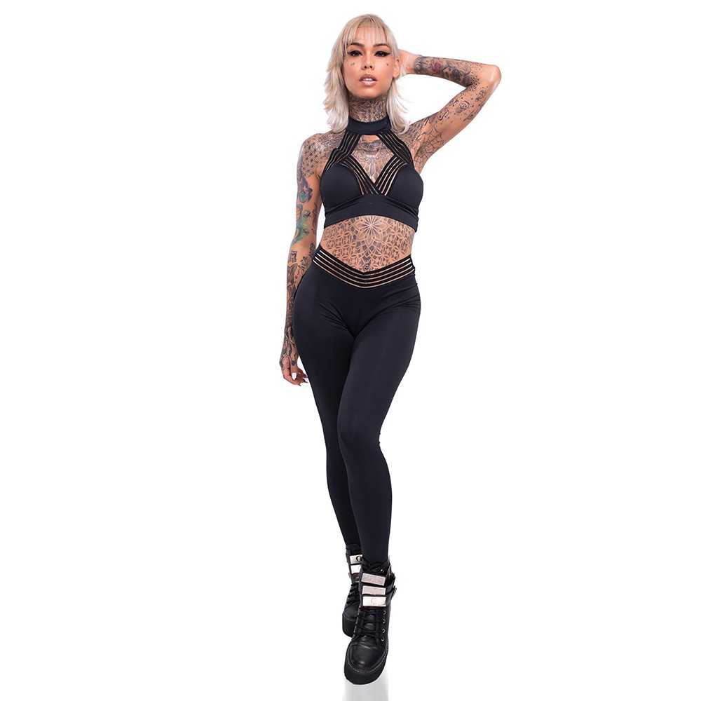 Conjunto Sensual Sexy em Suplex Poliamida - Cal�a Levanta Bumbum e Cropped Frente �nica Preto - Vista frontal completa