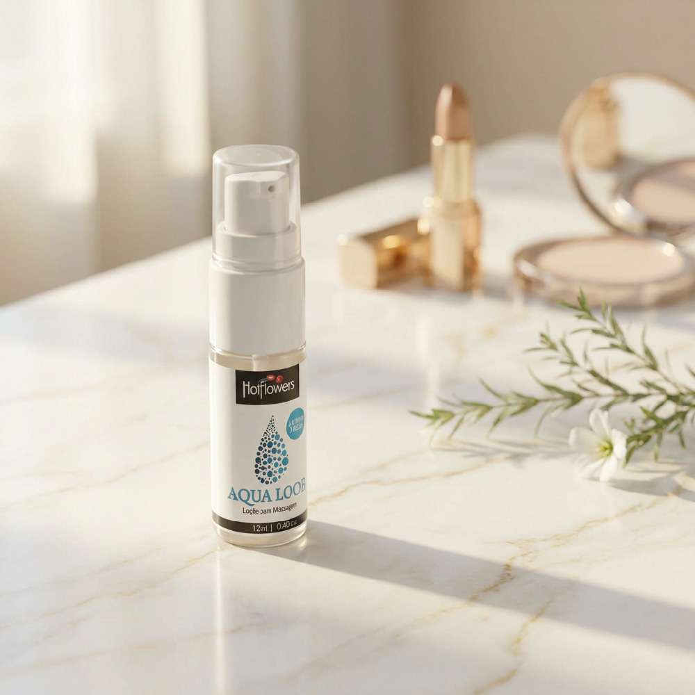 imagem do frasco de Gel Lubrificante �ntimo Aqua Loob 12ml com foco no r�tulo da marca Hot Flowers e base neutra