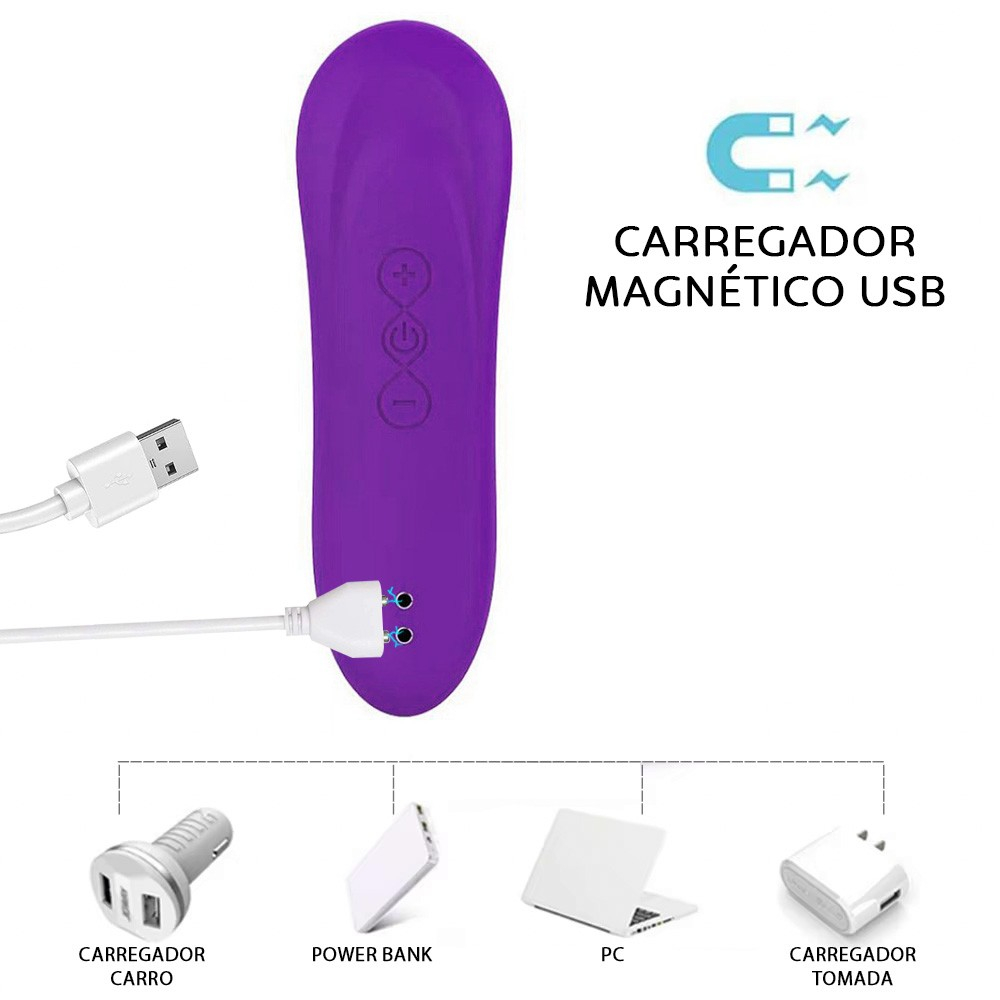 Pulsador de Clit�ris Recarreg�vel Roxo em Silicone. Vista inferior, mostrando o compartimento de carregamento e o design discreto.